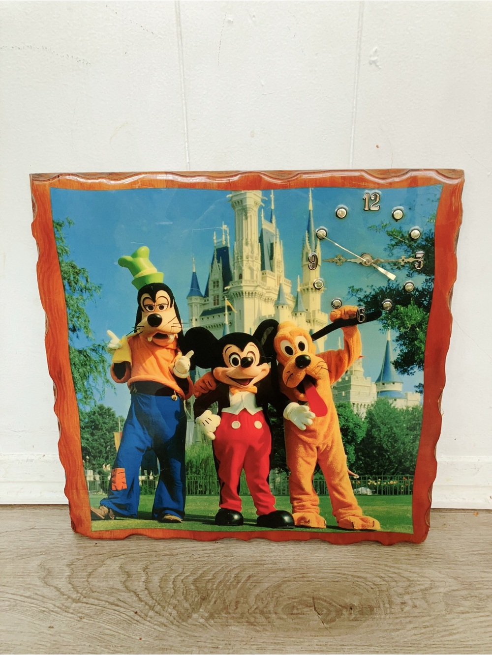 Vintage Walt Disney World Mickey Goofy Pluto Wooden Wall Clock Castle